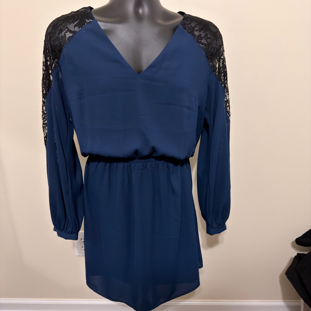 Express Chiffon Dress. Elegant Navy Blue Dress with Lace Accents